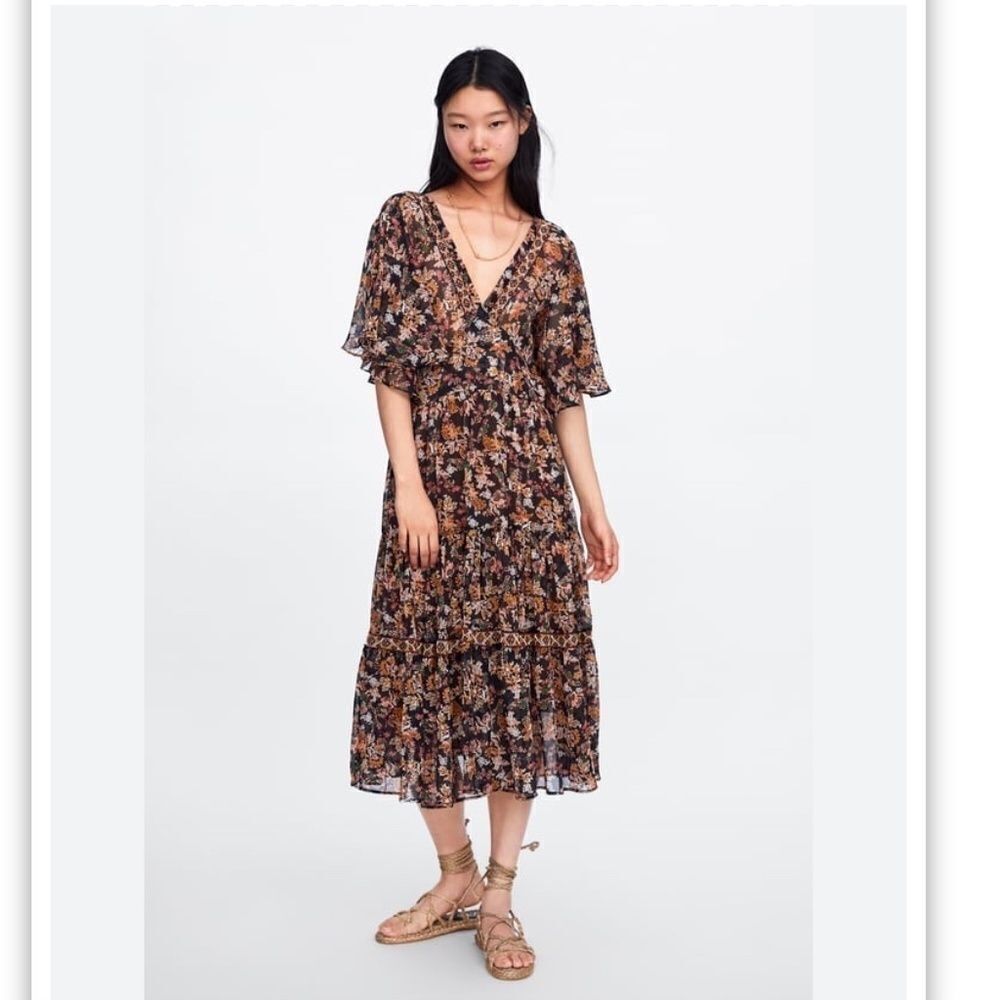 Zara Floral Print Midi Dress with deep V back black Size S